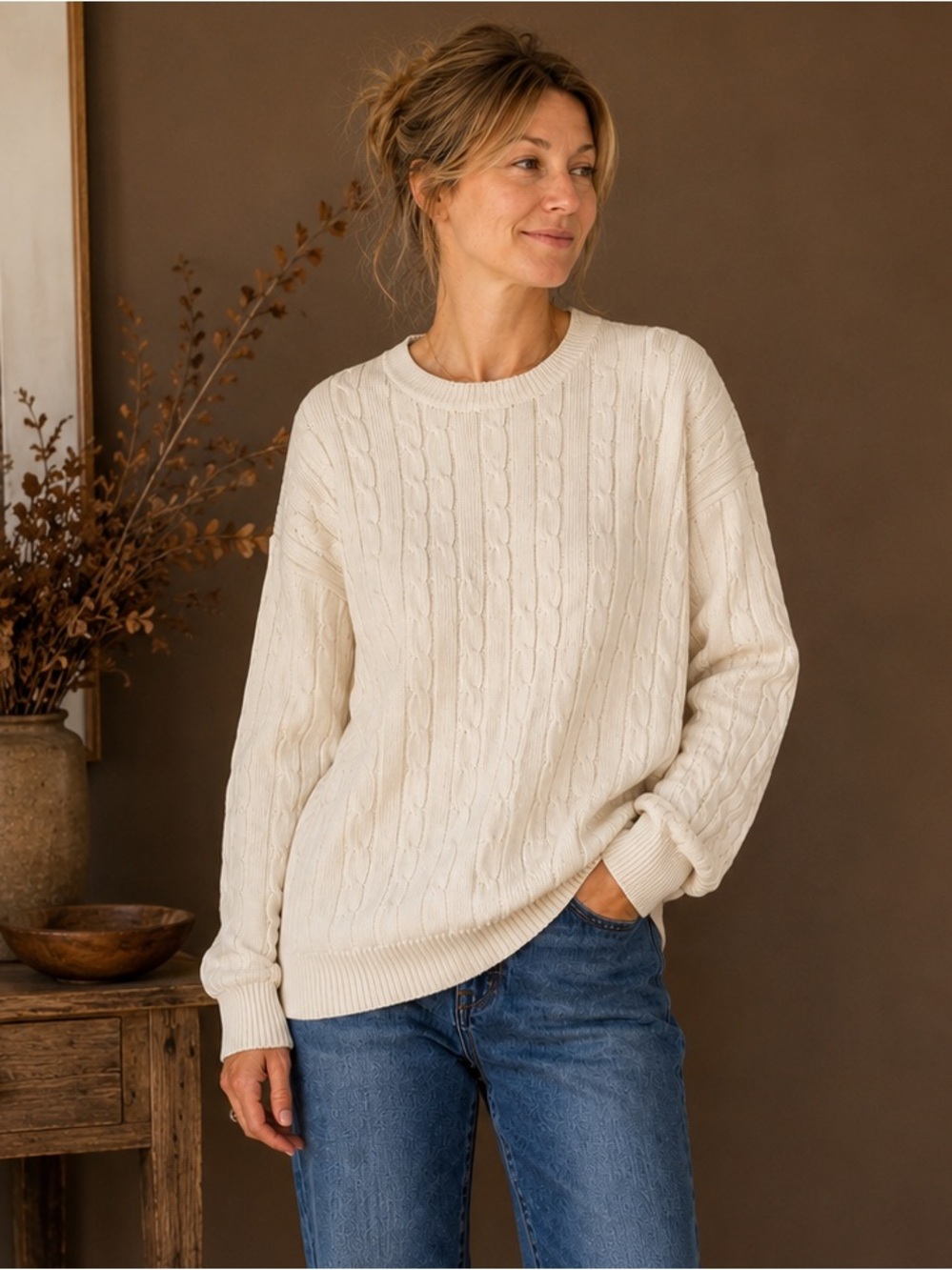 Vintage Hunt Club Cable Knit Sweater Women’s L Unisex 100% Cotton Cream